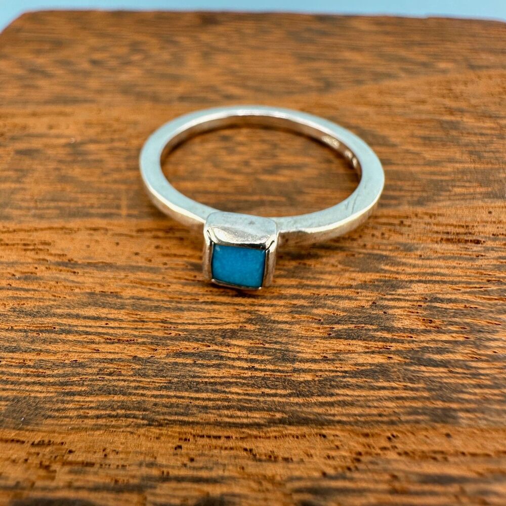 Vintage 925 Sterling Silver Turquoise Ring Square Minimalist Dainty Size 7.75" - Picture 10 of 12